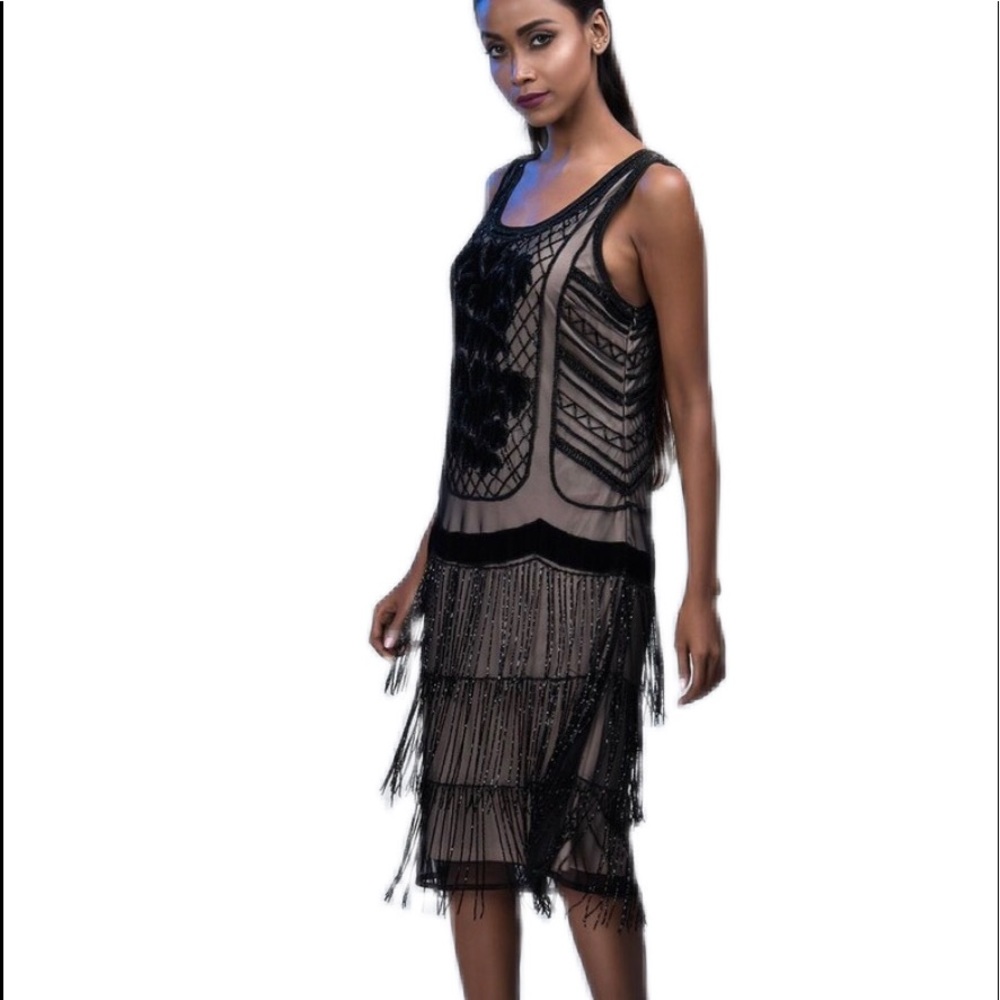 Ekum Exclusive SZ S Handmade Black Beaded Illusion Flapper 20’s Style Dress